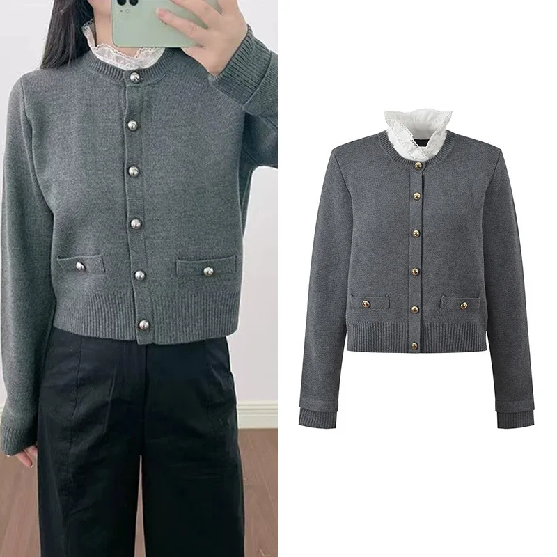 

2025 Autumn/Winter New Design Sense Ruffled Collar Patchwork Fashionable Age-Reducing Versatile Knitted Cardigan Coat