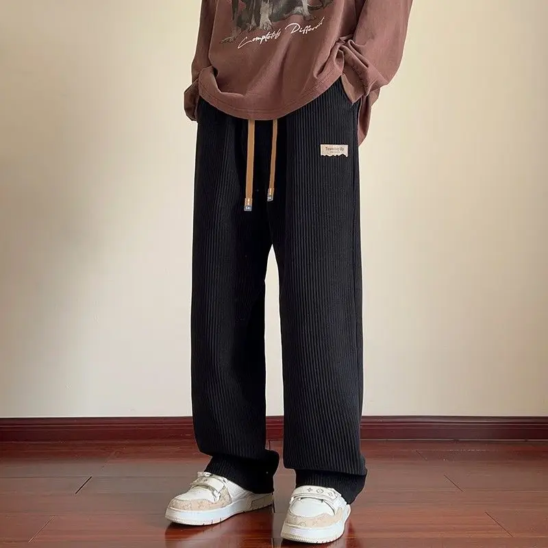 KPOP Fashion Style Harajuku Slim Fit Sweat Pants Loose All Match Casual Pants Solid Pockets Straight Cylinder Wide Leg Pants