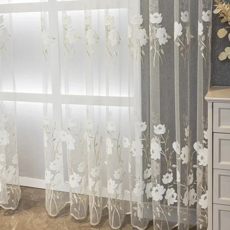 Translucent Embroidered Curtains Luxury  Rustic  Flower  Gauze Curtains for Living Dining Room Bedroom Semi-Blackout White Tulle