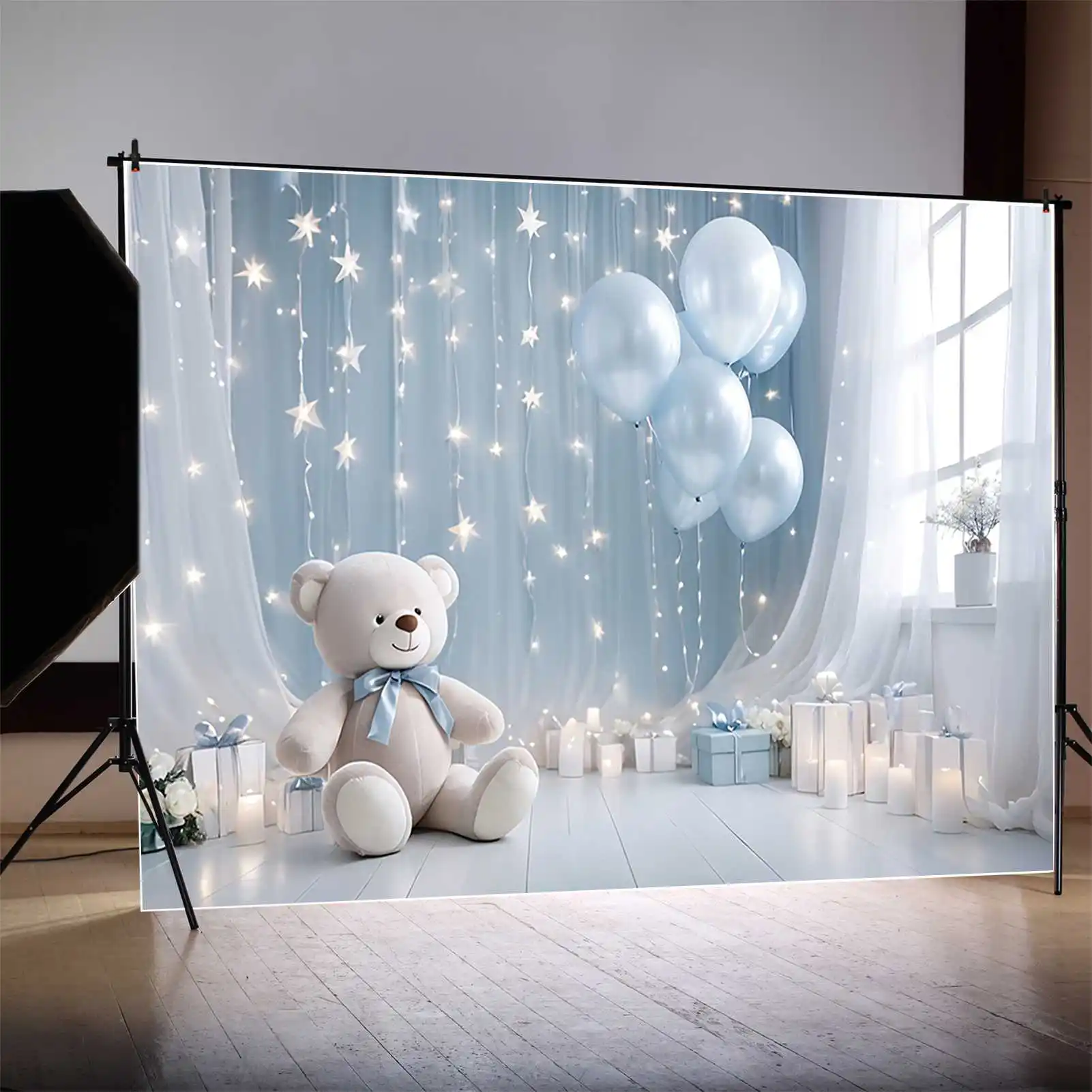 MOON.QG Teddy Bear Draping Cloth One Birthday Backdrops Children Blue Balloon White Backgrounds Party Decoration Photocall Props