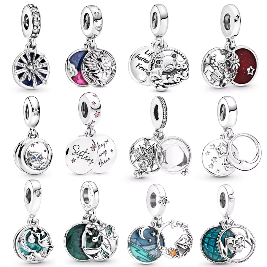 NEW Camping Night Sky Double & Forever Sisters Dangle Charm Beads Fit Original 925 Sterling Silver Bracelet Jewelry Gift