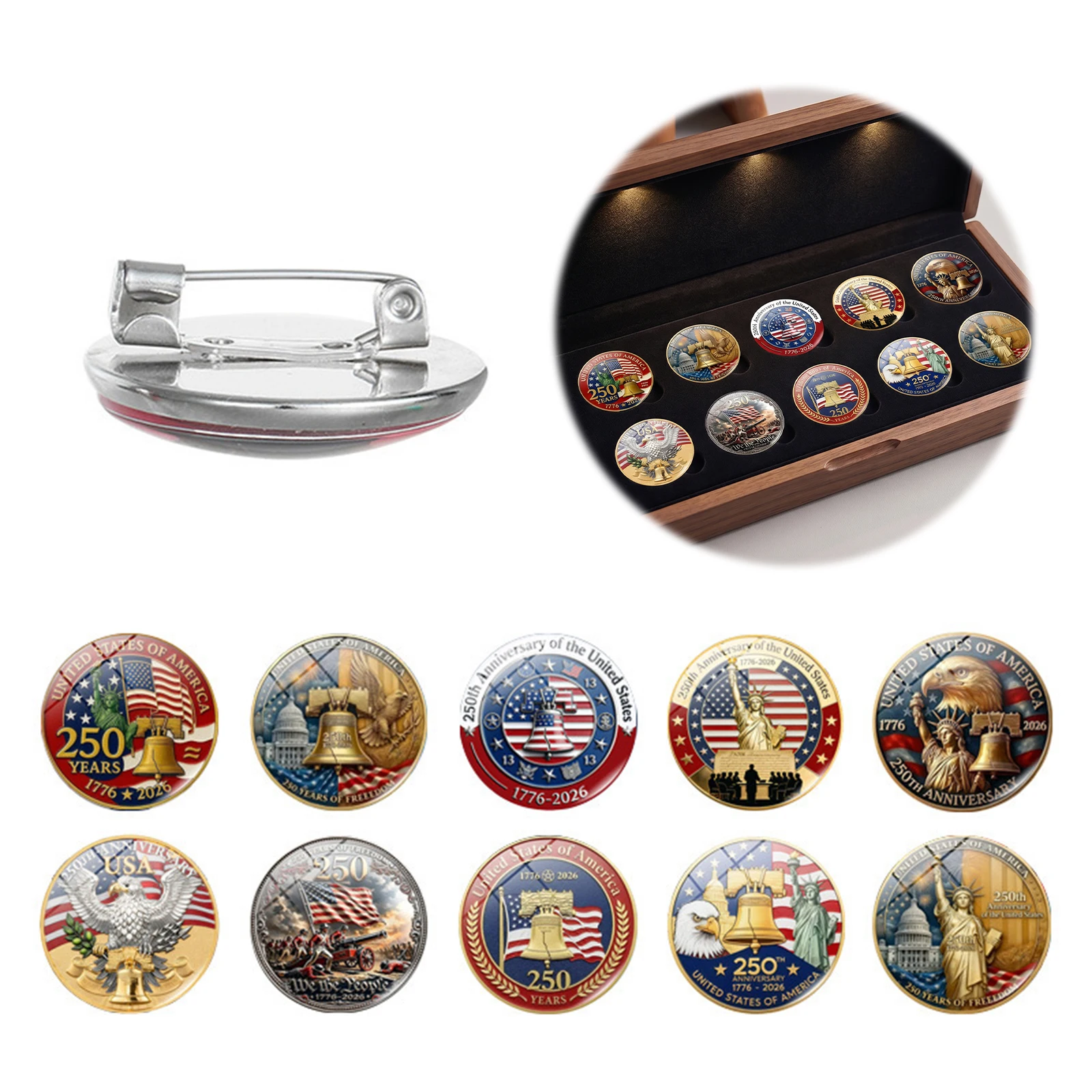 10Pcs 250 Years of Freedom USA Lapel Pins Lightweight USA Patriotic Brooches for Independence Day Party Dress Shirt Outfit Gift