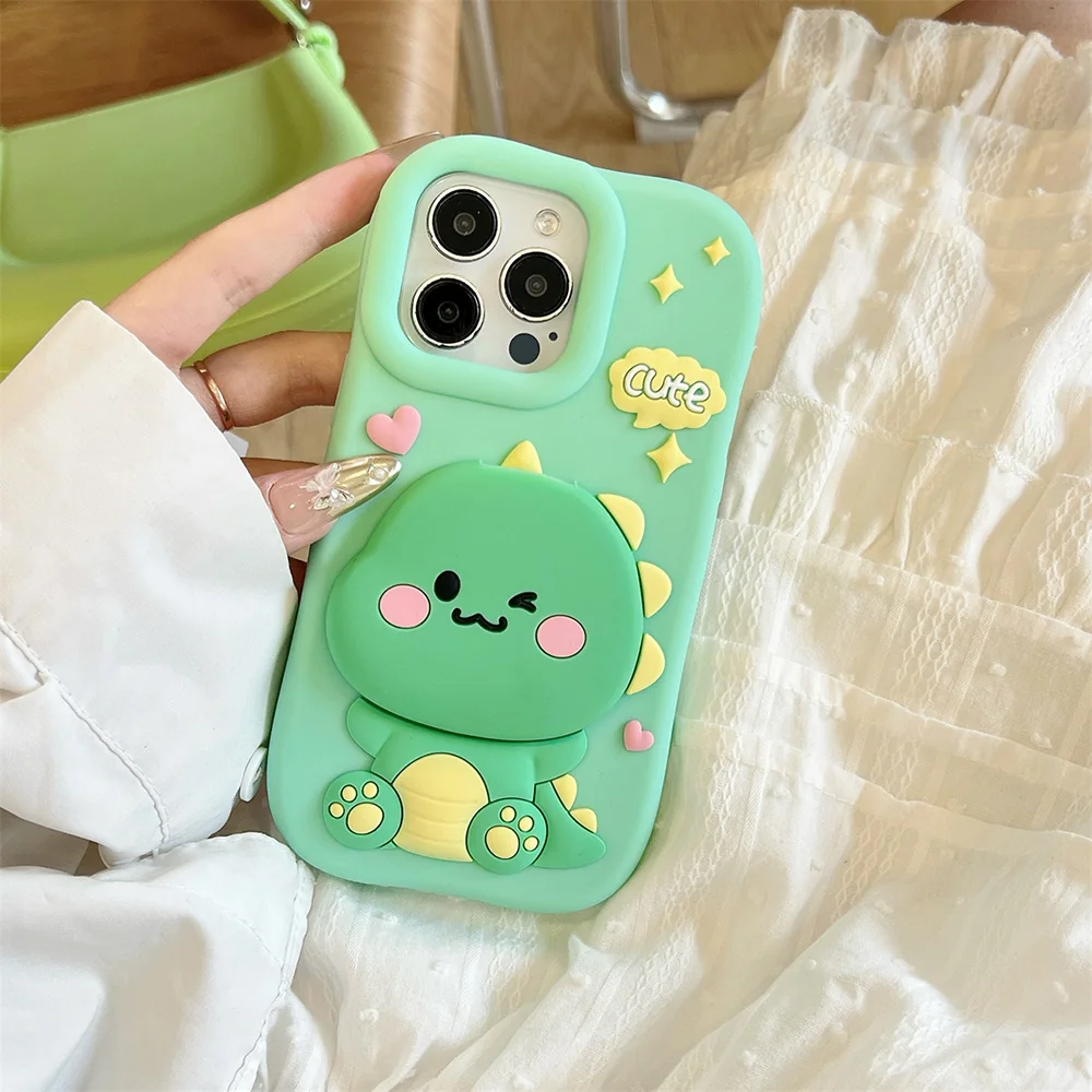 Lustige Dinosaurier-weiche Silikonhülle mit Make-up-Spiegel-Ständerhalter, 3D-Cartoon-Abdeckung für iPhone 12, 13, 14, 15 Plus, 16 Pro Max Capas – Detail 4