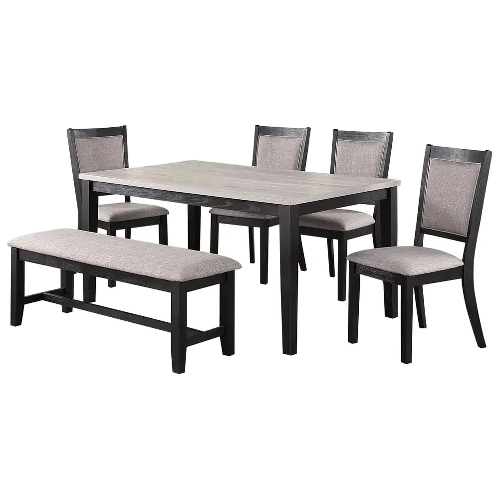 Contemporary Dining 6pc Set Table w 4x Side Chairs And Bench Padded Upholstered Cushion Seats Chairs Solid wood And Veneers Dini