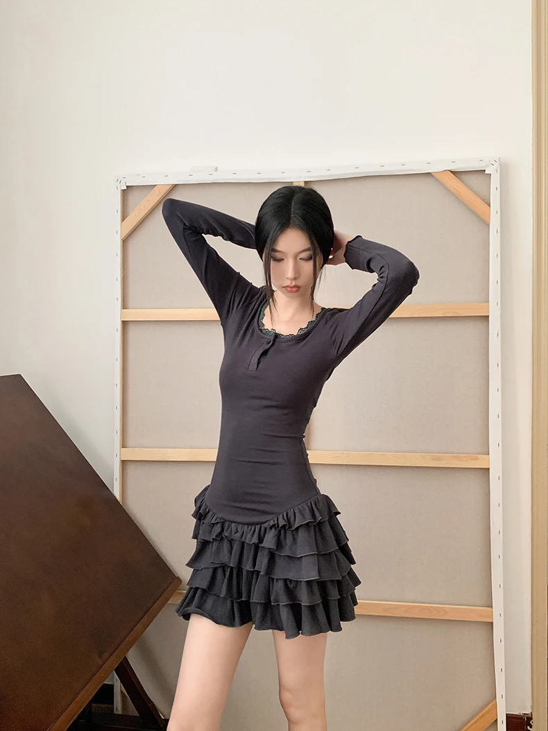 Fall Winter Women Shoujo Girl Ballet Core Long Sleeve Dress Korean Mini Frocks Party One-Piece 2000s Aesthetic Gyaru Coquette