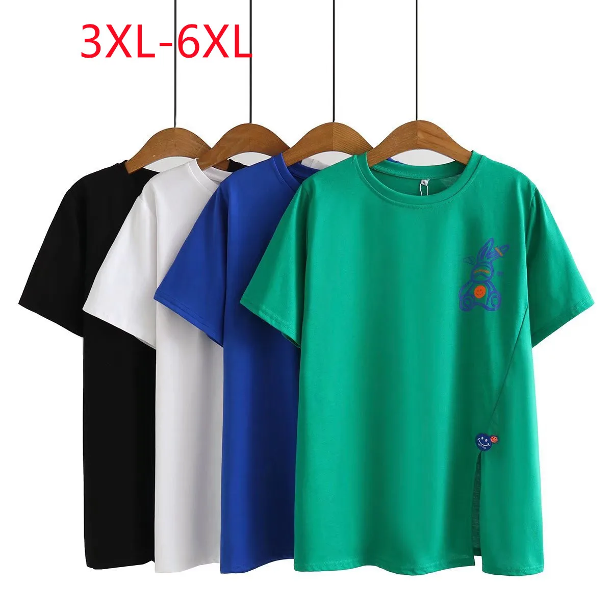 

Large Womens 2022 summer new cartoon rabbit long split green black white short sleeve Plus Size T-shirt 3XL 4XL 5XL 6xl