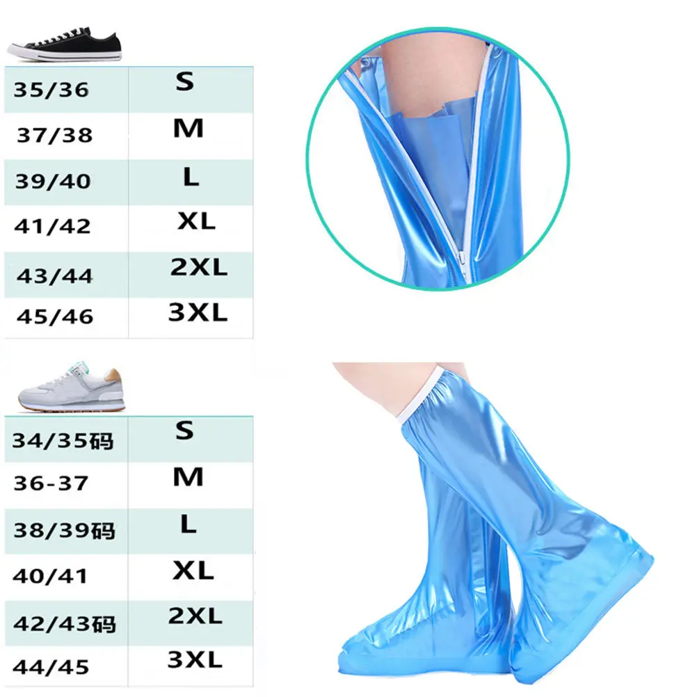 Blue Lengthened Thickened Waterproof Shoe Covers with Zipper Elastic Band Portable Foldable Outdoor Rain Protector for Adults M