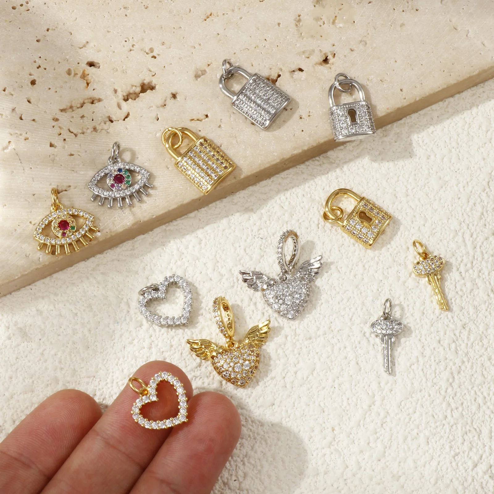 1pc Brass Charms Valentine's Day Heart Key Lock Multicolor Enamel Cubic Zirconia Pendant DIY Necklace Women Jewelry Findings