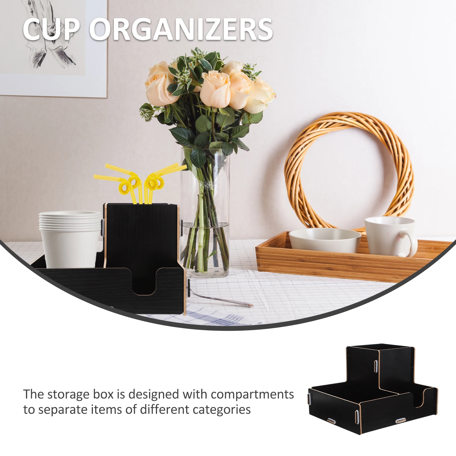 

Wood Cup Holder Rack for Home Kitchen Use Coffee Tea Shop Disposable Paper Cups Straw Storage Box Pantry Organizer