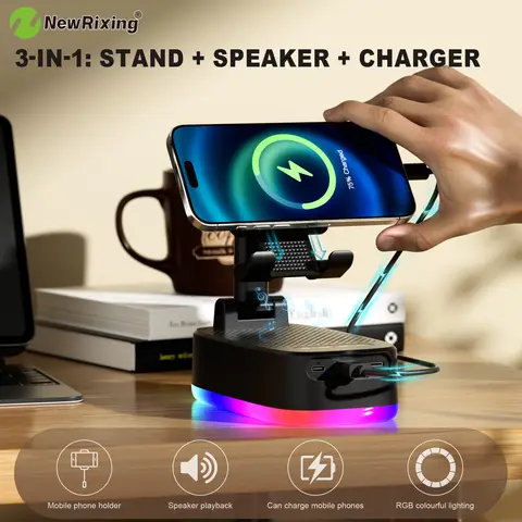 Phone Holder, 6W Wireless Speaker, 1800mAh Battery, Emergency Power Bank, USB Charging, RGB Lights, Hands-Free, Support BT/USB/T