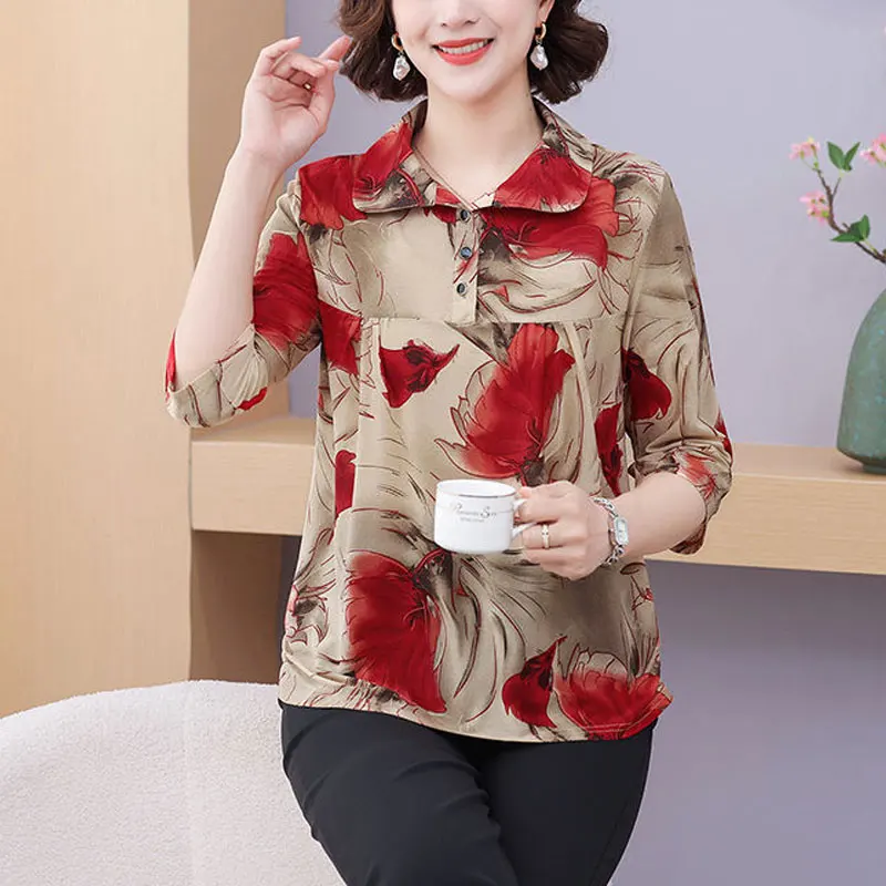 Stylish Peter Pan Collar Button Shirt Summer Thin 3/4 Sleeve Female Clothing Vintage Floral Printed Casual Spliced Loose Blouse