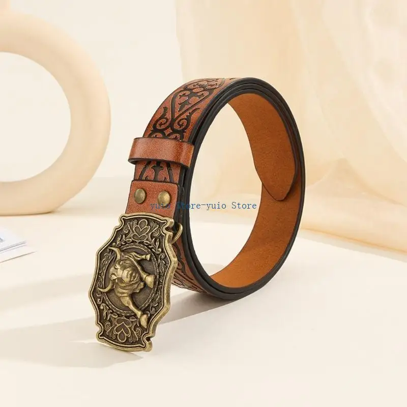 X7XB Multiple Size Adult Waist Belt with Relief Head Buckle Embossed Pattern Waist Belt for Men PU Wear-Resistant Belt