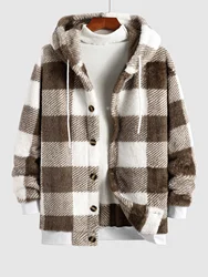 ZAFUL Men's Thermal Plaid Pattern Button Front Hooded Fluffy Teddy Faux Fur Jacket