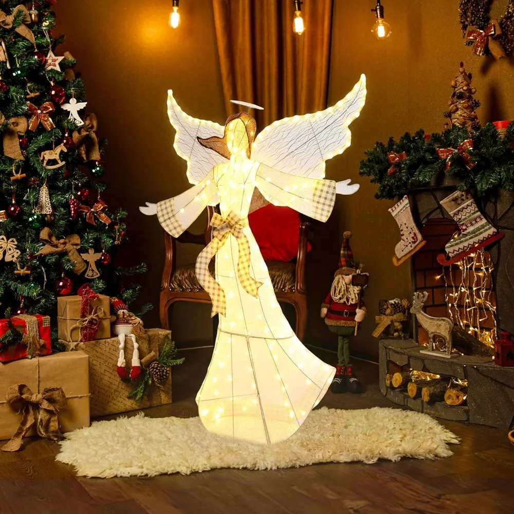 Outdoor Christmas Decorations, Family Lighted Holiday Decor with 180 LED Lights, 66-Inch High Pre-Lit Wings Angel Lights