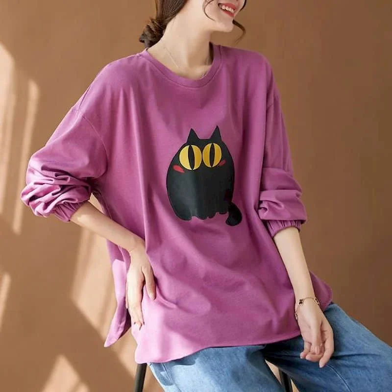 Pop Pop Literary T-shirts For Women Fork Design Tees Oversized Casual Korean Style Long Sleeve O-neck Vintage Aesthetic Clothes