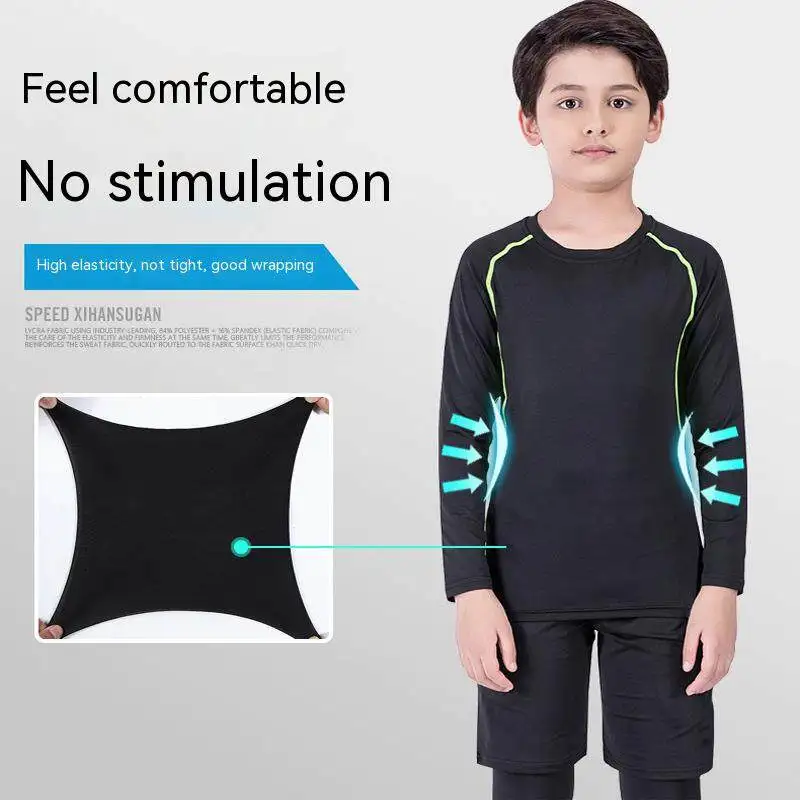 (110-160cm)Children Quick Dry Exercises Training Suit Set Tights Running Basketball Teenager Sport Long Sleeve Shirt+Pants