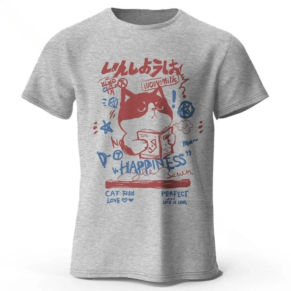 Kawaii القط خربش Harajuku تي شيرت مطبوع لينة وتنفس جولة الرقبة قصيرة الأكمام لطيف والفني نمط النساء الملابس الموضة #4
