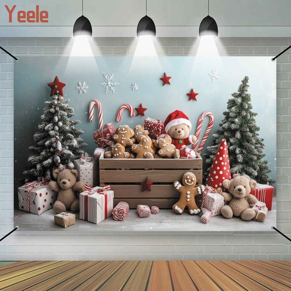 

Christmas Teddy Bear Photography Background Xmas Tree Retro Wooden Board Winter Child Party Portraits Photocall Backdrop Banner