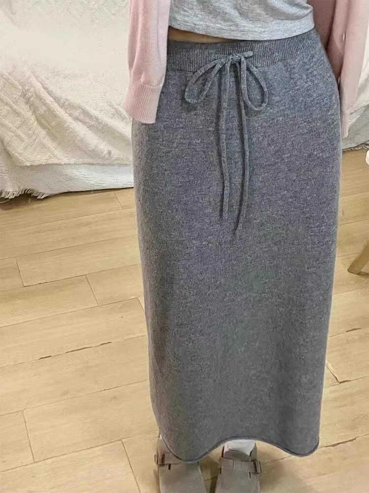 Cintura alta a linha de malha saia de lã feminina outono inverno longo midi saia dra efeito sli coreano sle commute