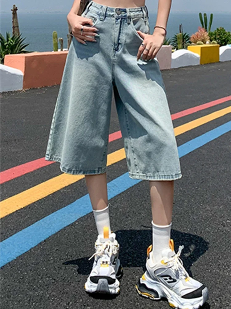 LIBIELIY Female Summer American Vintage Baggy Denim Cropped Pants Woman High Waist Washed Wide Leg Jeans Light Blue Loose A Lin