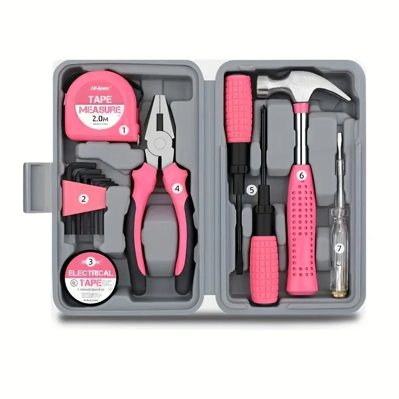 New 13-in-1 Pink Toolbox Contains Compact Manual Repair Tools for Home Use Which Are Essential Supplies for Daily Repairs