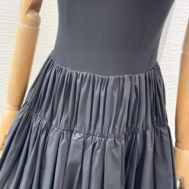 2024 New Black Puffy Hem Ruched Women Elegant Sleeveless Pleats Summer Midi Dresses