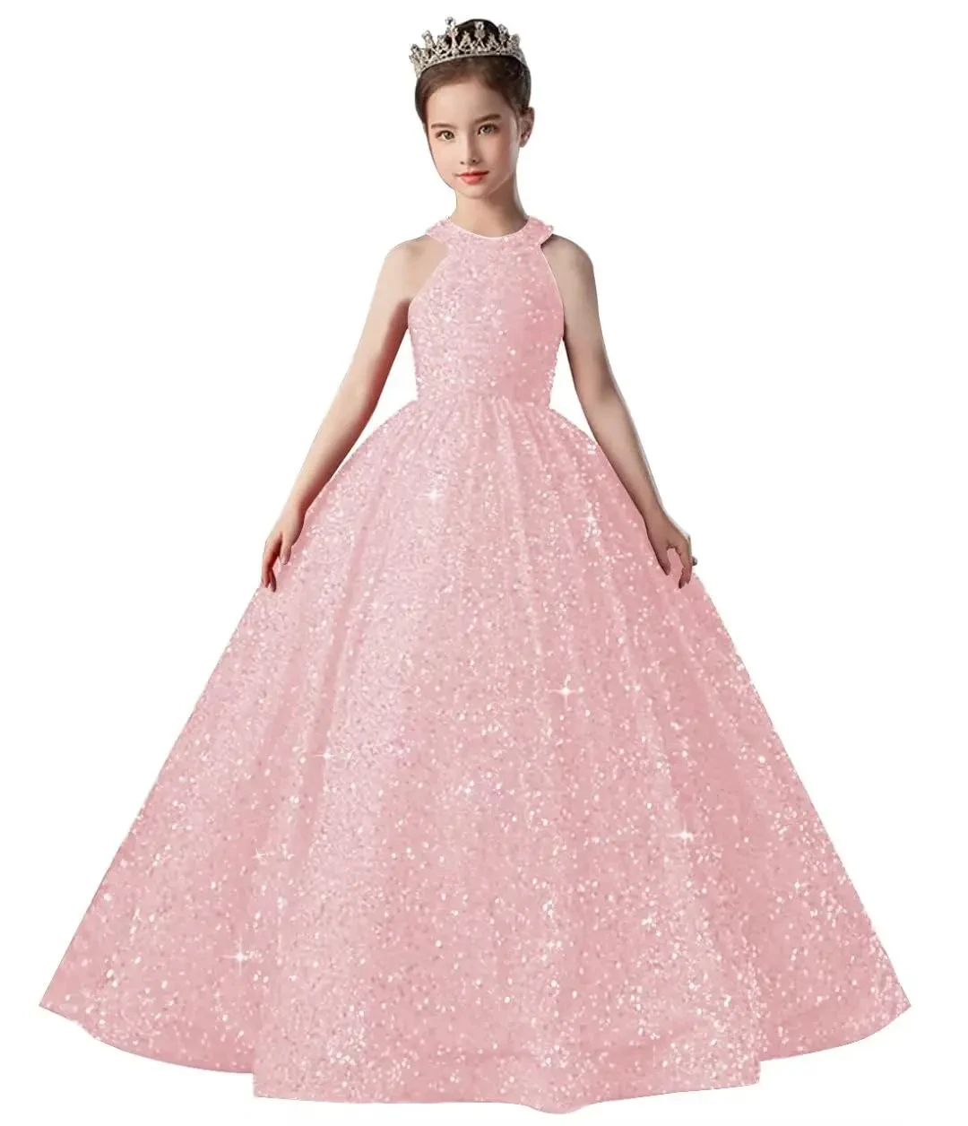 Vestido longo de flor brilhante, Halter de festa de casamento, Vestido de aniversário, Uma linha, Princesa formal, Vestidos de noite para meninas