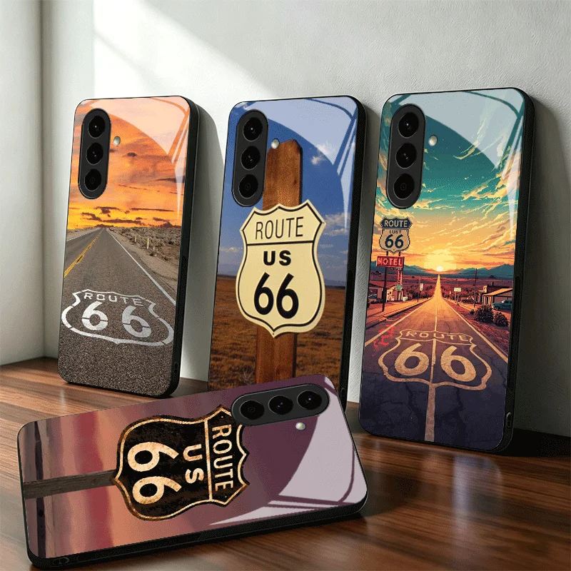 America Route 66 Glass Phone Case for Samsung A17 A16 A15 A14 A13 A57 A56 A55 A54 A53 A37 A36 A35 A34 A33 A27 A26 A25 A24 A23 A0