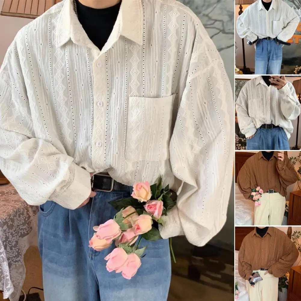 Kemeja Slouchy pria kemeja pria lembut kemeja lengan panjang Hollow Out Retro dengan saku dada kerah rebah untuk pesta