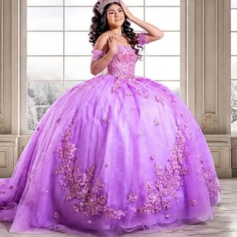 

Light Lilac Shiny Ball Gown Quinceanera Dresses Applique Flower Beading Crystal Tiered Tull Corset Off The Shoulder Sweet 16