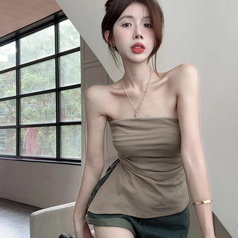 Strapless Bandeau Tube Top Casual Side Slit Hem Asymmetrical Sleeveless Vest Sexy Bandeau Top Summer