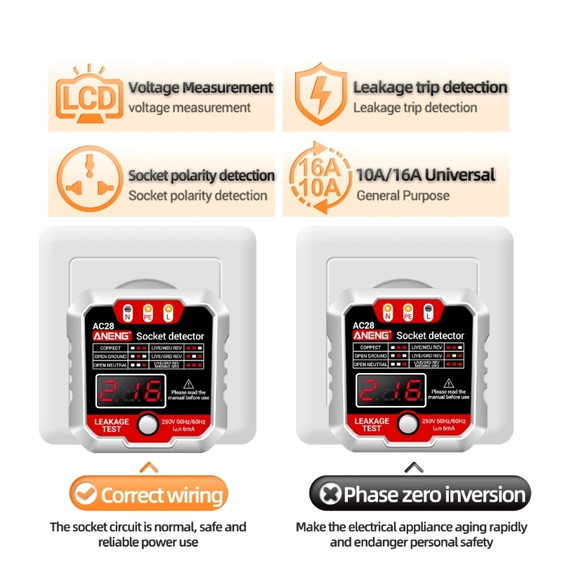 ANENG AC28 wykrywacz gniazda US/EU Tester bateria uniwersalna testowy Socker mocy LCD Tester napięcia miernik fazy detektor