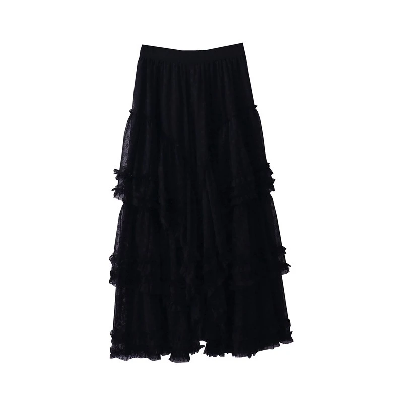 Women's French New Elastic Waist Mesh Dream Skirt Wooden Ear Stitching Irregular Fairy Cake Skirt White Black Long Skirt