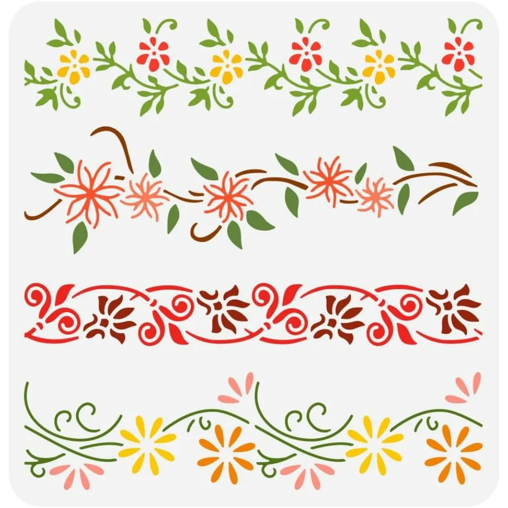 Flower Border Painting Stencil 11.8x11.8inch Reusable 4 Styles Vine Floral Border Drawing Template Plant Border Pattern Decor