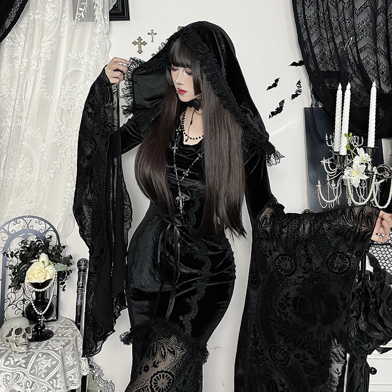 Mall Goth Embellished Halloween Batwing Sleeve Hooded Dresses Dark Goth Flocking Lace Detail Gothic Maxi Dress Outfits for Women