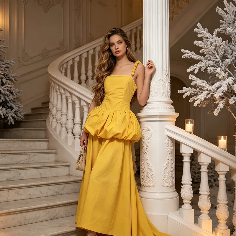 

Women High-Waist Patchwork Ruffles Folds Strap Dress Square Collar Sleeveless Solid Slimming Long Dress Party Prom Banquet Gowns