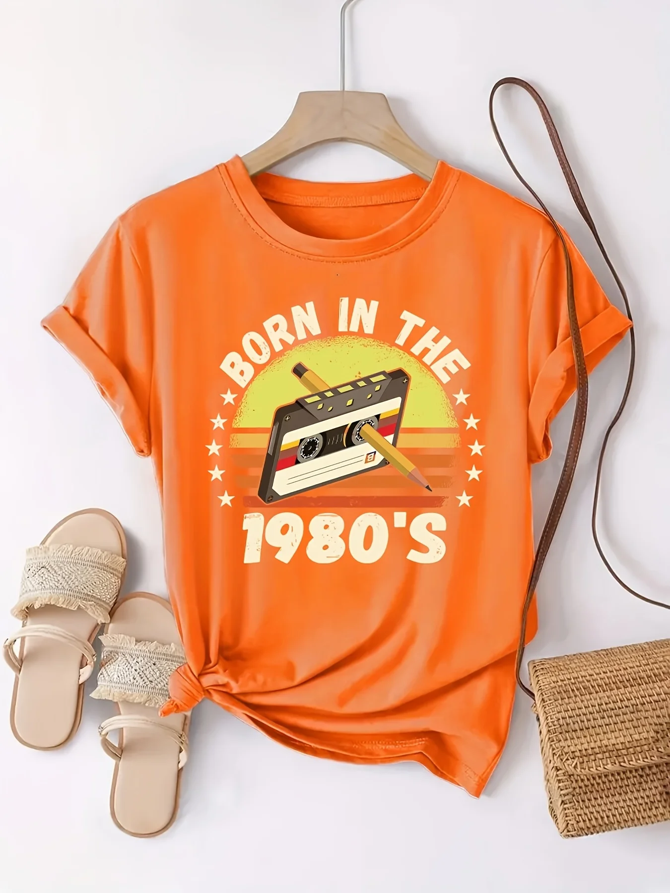 Vintage Cassette Tape Born in The 1980s T-shirt Casual Round Neck Short Sleeved Top for Spring and Summer Women's Clothing