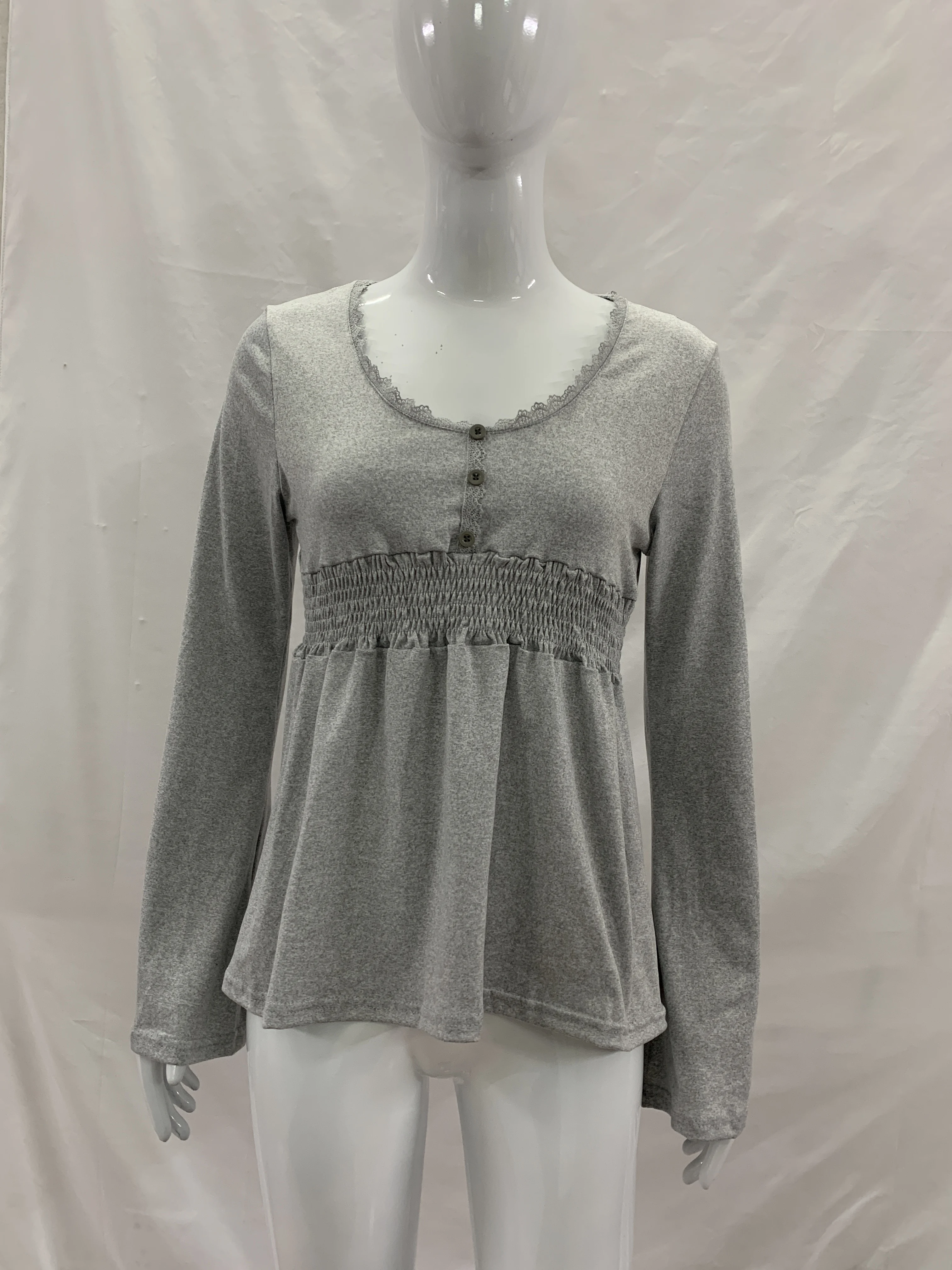 Ladies Long Sleeve V Neck Babydoll Top Button Front Lace Edge Shirred Waist Flare Sleeve Casual Daily Blouse