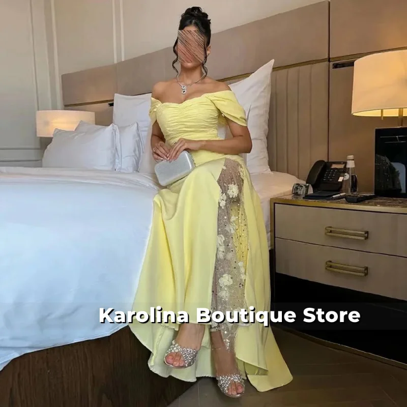 فستان سهرة عربي سعودي أصفر حورية البحر مخصص قبالة الكتف الديكور الزهور مطوي سويب تراين ثوب حفلة امرأة عربية