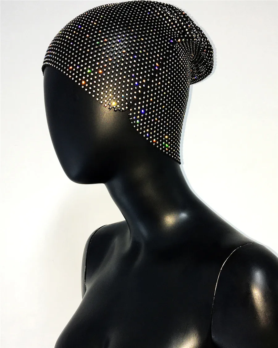 Elastic Fishnet Shiny Rhinestone Cold Hat Women Sexy Hollow Out See Through Mesh Ear Protection Hat Party Decorative Accessories