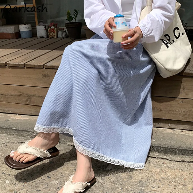 

Blue Skirts Women Striped Summer Gentle Loose Literary Sweet Vintage Lace Designed Harajuku Prairie Chic Girls Faldas High Waist