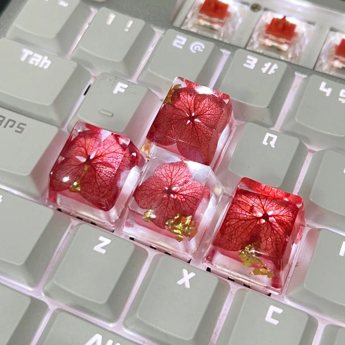 4Pcs High Quality Epoxy DIY Translucent Leaves Dry Flowers Paper Cross Axis Mechanical Keyboard Keycap Universal   Accessories