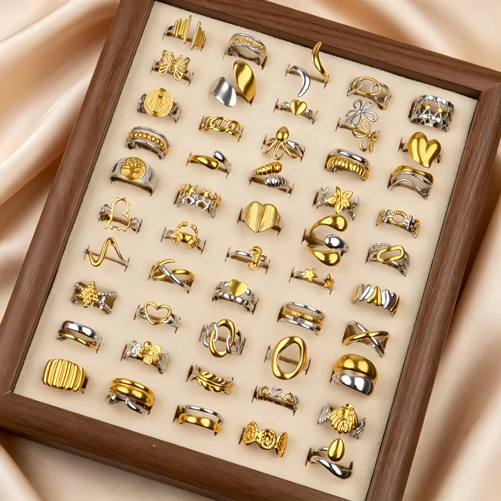 10/15/20/30/50Pcs/Lot Fashion Alloy Open Rings For Women Mix Style Geometric Heart Flower Trendy Delicate Jewelry Daily Gifts