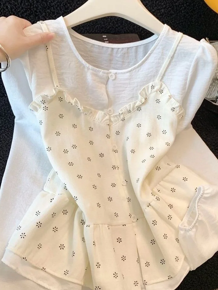 Fashion Sweet Patchwork Shirt Women Spring Lantern Sleeve Floral Chic Blouse Korean Cute O Neck Female Fake Two Ins Casual Tops