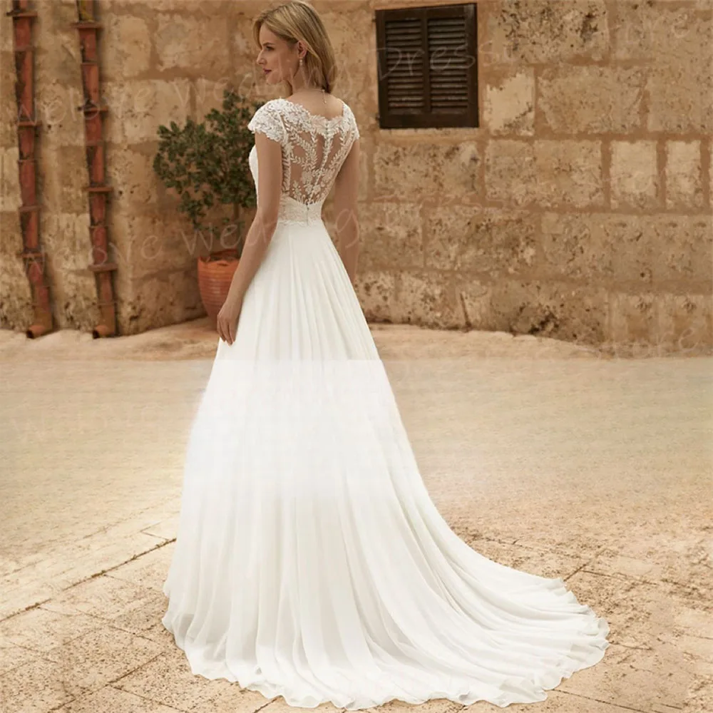 Bellissimi abiti da sposa da donna A Line semplici Appliques di pizzo abiti da sposa eleganti abiti A maniche corte alla moda Novias Boda