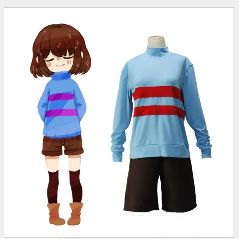 アニメゲーム Undertale フリスクキャラクターコスプレ衣装アンダーテールスウェットハイカラー長袖服ショーツナイフネックレスa;2