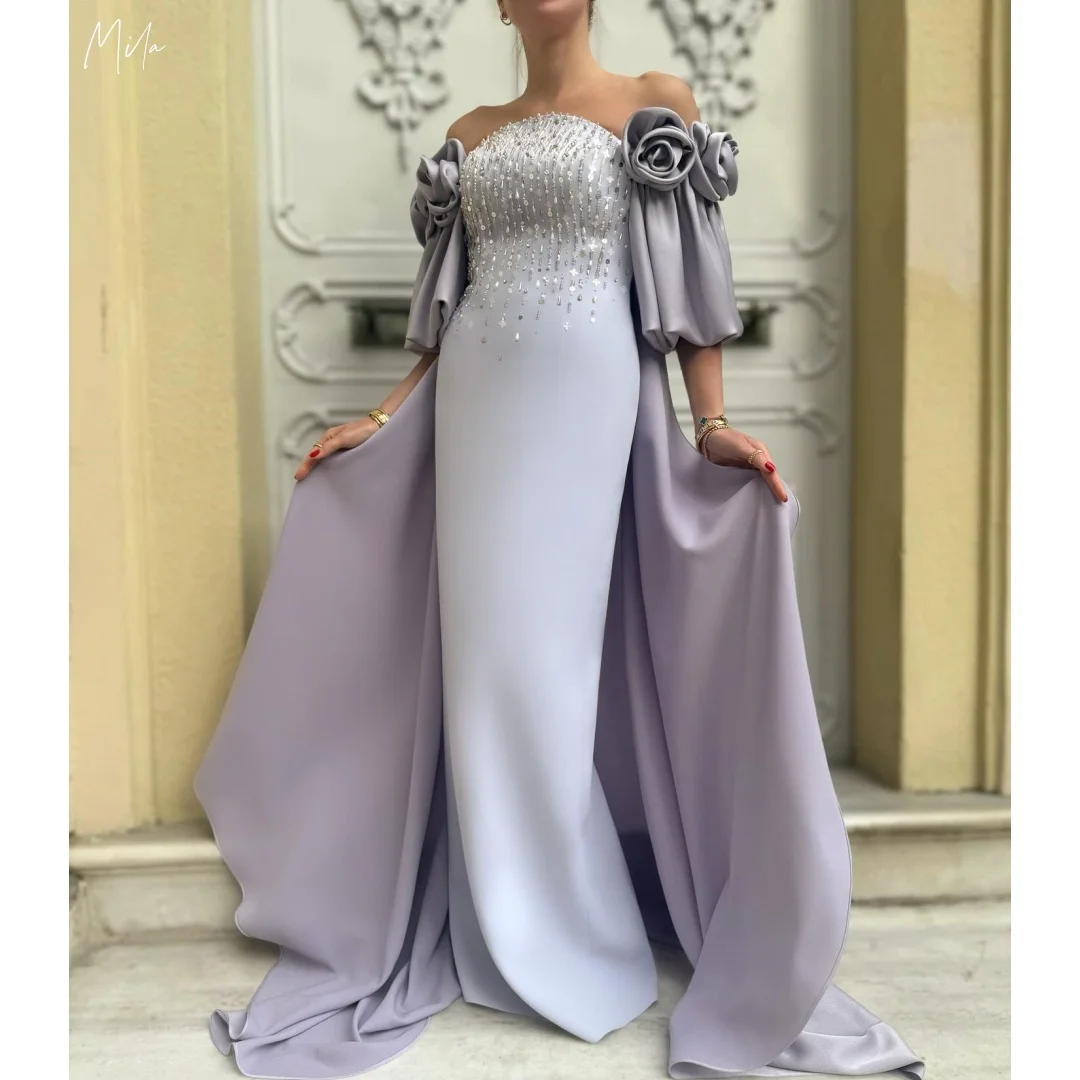

Mila Lilac Off-Shoulder Prom Dresses Beaded 3D Rose Cape Train Mermaid Customized Formal Evening vestidos de gala for Wedding