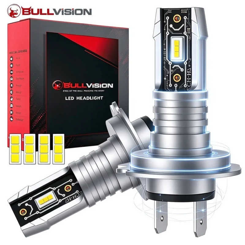 Bullvision 2Pcs H7 LED Canbus Car Headlight Bulb 6000K Mini Size 1:1 Plug&Play Wireless Car Lamp 5570 CSP Chip White 12V Fanless