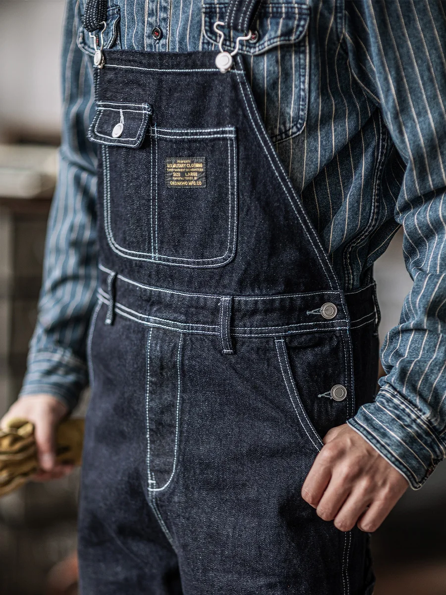 النيلي البحر الأمريكي الرجعية وزرة الدنيم واسعة الساق السكك الحديدية العمل السراويل الرجال مخطط السراويل الطويلة جينز قطني غير رسمي للشباب #1