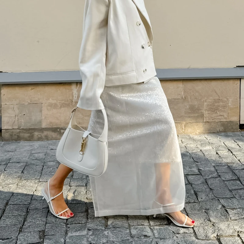 Sexy See Through Mesh Skirt Women White High Waist Slit Loose Long Skirts 2025 Summer Street Fashion Club Party Skirt Woman